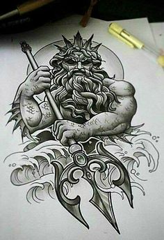 Trident Tattoo, Greek God Tattoo, Sketch Tattoos, Poseidon Tattoo, Dragons Tattoo, Greek Mythology Tattoos, God Tattoos, Nautical Tattoo