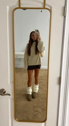 Leg warmers outfit brown dress with cream sweater and Uggs Uggs outfit Belly Thanksgiving Outfit, Fall Dress Outfit Aesthetic, Sweater Dress With Leg Warmers, Cute Fall Outfit Inspiration, Cool Girl Thanksgiving Outfit, Tasman Uggs And Leg Warmers, Outfits To Wear On Thanksgiving, Casual Christmas Dress, Thanksgiving Outfit Uggs