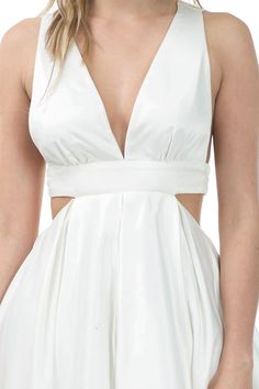 This gorgeous sleeveless cutout dress is great for semi formal, formal, and special occasions and can be wore as a beautiful but simple wedding dress. This flowy midi dress has a v neck in the front with straps from the front of the dress going down the back to the middle and is attached to an elastic band that going from left to right, Dress is very stylish with dress hook and eye with zipper in the middle back of the dress and hi low hemline. Material: 100% Polyester Neckline: V Neck Sleeve St Spring A-line Dress With Cutout Back, Spring Party Backless Dress With Keyhole Back, White Sleeveless Backless Cocktail Dress, Sleeveless Party Dress With Cutout Back, Evening Backless Dress With Cutout Back For Spring, Sleeveless Backless Dress For Spring, Solid Sleeveless Backless Dress For Spring, Spring Evening Backless Dress With Cutout Back, Elegant Cutout Dress In Solid Color