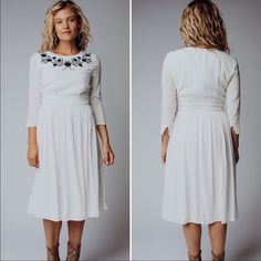 Size Small. Brand New With Tags! Chic White Embroidered Spring Dress, Chic White Embroidered Dress For Spring, White Embroidered Midi Dress For Spring, Chic White Midi Dress With Floral Embroidery, Fitted White Embroidered Dress With Embroidered Hem, Elegant White Embroidered Dress With Hem Detail, Chic White Embroidered Midi Dress, White Fitted Embroidered Dress For Brunch, White Embroidered Fitted Dress For Brunch