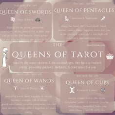 the queen of tarot's symbols and their meanings are shown in this poster