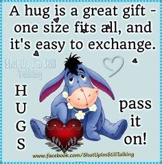 a cartoon character holding a heart with the words hug is a great gift one size fits all and it's easy to exchange