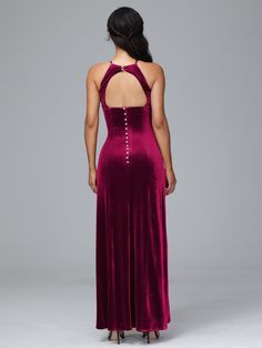 Halter Open Back Velvet Bridesmaid Dress Size: US16-US30 Velvet Plus Size, Velvet Bridesmaid Dress, Dresses With Split, Plus Size Bridesmaid Dresses, Velvet Bridesmaid, Dress Georgette, Plus Size Velvet, Silver Bridesmaid Dresses, Dusty Rose Bridesmaid Dresses