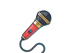 a red and yellow microphone on a white background with a black wire attached to it