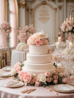 a white wedding cake with pink flowers and greenery sits on a table surrounded by candles