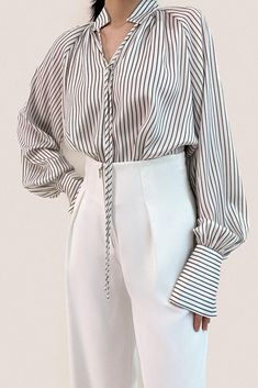 White High Neck Tie Detail Striped Blouse – Ifomt Elegant Blouse With Vertical Stripes For Work, Elegant Vertical Stripes Blouse For Work, Elegant Workwear Blouse With Vertical Stripes, Elegant Office Blouse With Striped Collar, Elegant Vertical Striped Workwear Blouse, Elegant Office Tops With Vertical Stripes, Elegant Vertical Stripe Office Tops, Elegant Striped Blouse, Elegant Office Blouse With Vertical Stripes