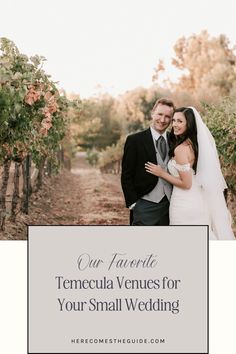 a bride and groom standing in the middle of an orchard with text overlay that reads our favorite temecula venues for your small wedding