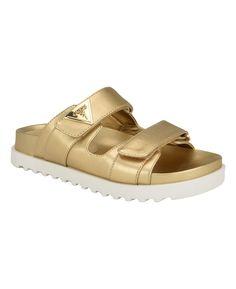 in stock Gold Open Toe Slides With Buckle Closure, Gold Flat Heel Sandals With Buckle Closure, Gold Slide Footbed Sandals With Buckle Closure, Gold Slide Footbed Sandals With Buckle, Gold Open Toe Footbed Sandals With Cushioned Sole, Casual Gold Sandals With Textured Footbed, Gold Open Toe Footbed Sandals With Cushioned Footbed, Gold Buckle Closure Slip-on Sandals, Spring Gold Footbed Sandals With Buckle Closure