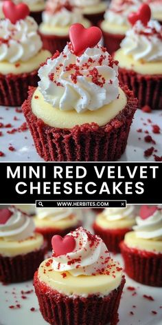 mini red velvet cheesecakes with white frosting and sprinkles on top