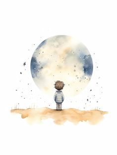 a painting of a boy looking at the moon