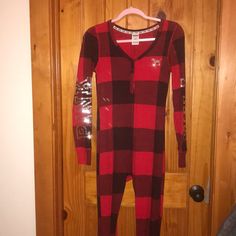 Super Cute And Comfortable Plaid Pink Onesie Size Small Like New Without Tags I Want To Say I Never Wore It Because Is Not My Size, Christmas Ready Red Sleepwear For Overnight, Fitted Red Sleepwear For Winter, Pink Onesie, My Size, Vs Pink, Women's Intimates, Victoria Secret Pink, Onesies, Pink Ladies