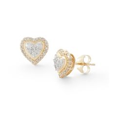 We have heart-eyes for these diamond heart stud earrings! Made in responsibly sourced 10K solid yellow gold for everyday wear. Set with conflict-free 1/3 ct. t.w. diamonds. Height: 4.59 mm width: 6.82 mm Heart Dimond Earrings, Heart Diamond Earrings, Heart Shaped Frame, Heart Diamond, Heart Stud Earrings, Heart Frame, Gold Price, Heart Studs, Heart Earrings Studs