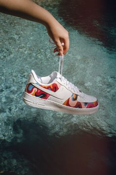 Custom Nike Air Force 1s with Colorful Rainbow Design Rainbow Nikes, Shoe Artwork, Painted Nikes, Abstract Graffiti, Painted Sneakers, Nike Air Force 1s, Custom Kicks, Air Force 1s, Risk Taker