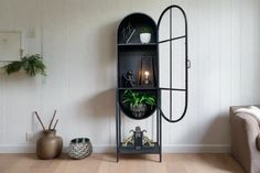 a living room with white walls and wood flooring has a black shelf holding plants