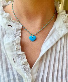 This beautiful necklace with genuine stones adds a delicate touch of color. Wear it alone or pair it with one of our pendants for a dreamy summer necklace. Elegant Turquoise Pendant Charm Necklace, Turquoise Sterling Silver Beaded Necklace, Turquoise Heart-shaped Beaded Necklace Gift, Turquoise Heart Beaded Necklaces As Gift, Turquoise Heart Beaded Necklace For Gift, Elegant Turquoise Heart Beads Jewelry, Elegant Turquoise Jewelry With Heart Beads, Turquoise Heart-shaped Jewelry With Colorful Beads, Turquoise Necklace With Colorful Beads Gift