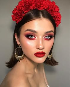 Red Eye Make Up Aesthetic, Red Rose Makeup Look, All Red Makeup Looks, Red Look Make Up, Lunar New Year Makeup Look, Glam Red Makeup, Valentines Makeup Red, Red Eyebrows Makeup, Smokey Red Eye Makeup