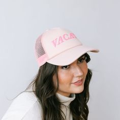 Get ready for endless summer vibes with our Pink Vacay Trucker Hat! This hat is playful with its hot pink, puff letters that scream "it's time for a VACAY!" Perfect for your next getaway, it’s the ultimate accessory for fun in the sun. Bright, bold, and beach-ready! Playful Curved Brim Hat For Vacation, Trendy Trucker Hat With Uv Protection Snapback, Trendy Snapback Trucker Hat With Uv Protection, Playful Vacation Hat With Curved Brim, Pink Summer Baseball Cap, Fun Summer Hat With Upf 50+, Fun Summer Hats With Upf 50+, Playful Upf 50+ Hats For Beach Season, Trendy Uv Protection Hats