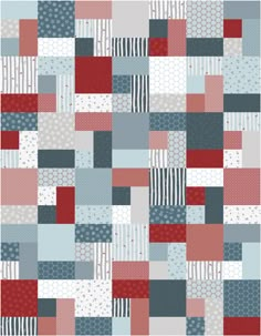 a patchwork quilt with red, white and blue squares