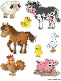 various farm animals and birds stickers on a white background, including a horse, cow, chicken, pig, duck, goose, rooster