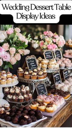 Elegant dessert table at a wedding with the bride’s favorite cookies and the groom’s favorite donuts framed around a tiered wedding cake. Wedding Sweet Treats Table, Wedding Shower Cupcake Display, Wedding Cookie Dessert Table, Mini Dessert Table Ideas, Dessert Charcuterie Table Wedding, Sunflower Wedding Dessert Table, Wedding Cake And Cookies Display, Wedding Cookies Display, Desserts Table For Wedding