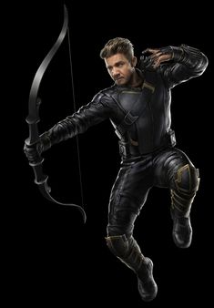 a man in black outfit holding a bow and arrow with his hands on his hips