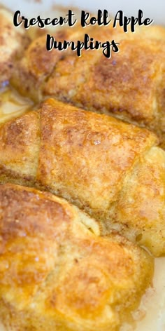 crocket roll apple dumplings in a white casserole dish with text overlay