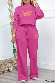 Olivia Mark - Red Rose Casual Letter Print O-Neck Long Sleeve Two-Piece Set Casual Pink V-neck Sets, Letter O, Two Piece Sets, Wholesale Fashion, Two Pieces, Letter Prints, Dark Gray, Red Roses, Two Piece