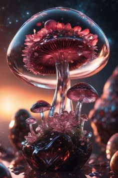 a group of mushrooms that are sitting in the ground with some water on top of them