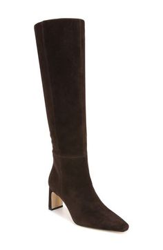 Soft leather brings timeless style to a knee-high boot designed with a squared toe and sleek heel. 2 3/4" heel (size 8.5) 16 1/2" shaft; 14 1/2" regular calf circumference 16 1/2" shaft; 16" wide calf circumference Leather upper/synthetic lining/rubber sole Imported Brown Knee High Boots Outfit, Dark Brown Knee High Boots, Chocolate Brown Boots, 2024 Wishlist, Brown Knee High Boots, Brown Riding Boots, Wide Calf, Designer Boots, Winter 2024