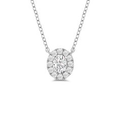 a white diamond necklace on a chain with diamonds in the center and an oval shape