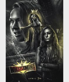 the poster for wrestling mania, which features two women in black and gold outfits with their arms around each other