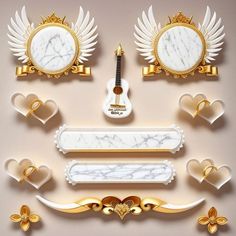 an assortment of white and gold items on a beige background with hearts, wings, and scrolls