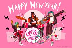 the band happy new year is playing drums and singing on pink background with an electric guitar