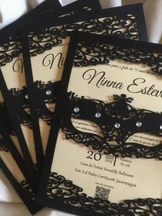 black and white masquerade wedding stationery with pearls on the side, set of four