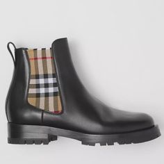 New In Box. Includes Dust Bag. Size: 40 Eu / 10 Us Italian-Made Leather Chelsea Boots With Elasticated Side Panels In Our Archival Vintage Check. Upper: 80% Calf Leather, 15% Polyester, 5% Rubber Lining: 70% Lambskin, 25% Polyester, 5% Rubber Sole: 100% Polyurethane Pull-On Style Almond-Shaped Toe Made In Italy Item 80423631 #1 00244 Burberry Vintage, Almond Shaped, Burberry Shoes, Leather Chelsea Boots, Side Panels, Black Tan, Black And Tan, Panel Siding, Rubber Rain Boots