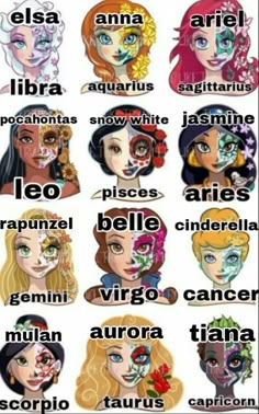 the zodiac sign for girls with different facial expressions and their names in english or spanish