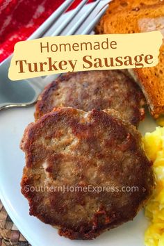 homemade turkey sausage on a plate with scrambled eggs