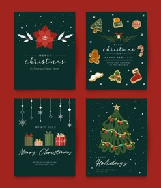 four christmas cards with ornaments and decorations on red background, all in different styles for the holiday season