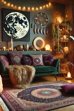 Dreaming of a cozy, magical living room? Learn how to create the perfect witchy vibe with tips on lighting, decor, and textures. Includes must-have product picks like velvet pillows, Moroccan lanterns, and moon phase wall hangings. Perfect for witches, moon lovers, and anyone embracing their mystical side! 🪄💫 #WitchyVibes #HomeDecorGoals #CozyLivingRoom #Witchcore #MysticalHome #BohoDecor #WitchyLifestyle Witch Aesthetic Interior Design, Mystical Interior Design, Boho Witchy Decor, Witchy Living Room Aesthetic, Whimsy Goth House Decor, Witch Home Decor Ideas, Witchy Apartment Aesthetic, Witchy House Aesthetic, Practical Magic Decor