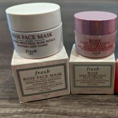 Brand New Unused Fresh Minis! Rose Face Mask 15ml Rose Deep Hydration Face Cream 7ml Clarins Eye Cream, Fresh Rose Face Mask, Rose Mask, Fresh Skincare, Rose Face Mask, Real Rose Petals, Rose Face, Skincare Samples, Natural Exfoliant