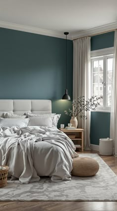 Dark Teal Bedroom Dark Teal Paint Color Bedroom, Dusty Teal Paint Color, Bedroom With Teal Walls, Dark Teal Room, Teal Wall Bedroom, Teal Color Palette Bedroom, Teal Bedroom Decor Ideas, Teal And Grey Bedroom, Dark Teal Walls