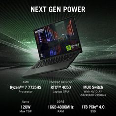 an advertisement for the next gen power laptop, with information about its features and specs