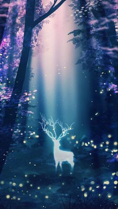 a deer standing in the middle of a forest with fireflies on its antlers