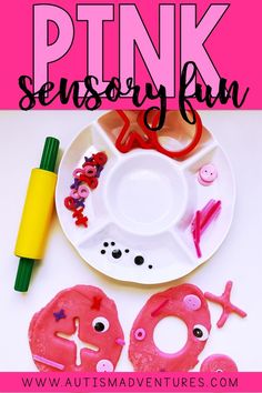 a pink and white plate with scissors, paper plates and other items on it