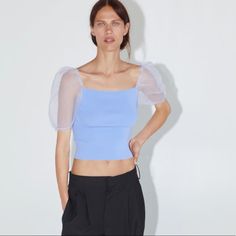 Zara Top. New With Tags. Blue Knit Top For Spring, Chic Blue Short Sleeve Knit Top, Chic Light Blue Spring Knit Top, Chic Light Blue Knit Top For Spring, Trendy Fitted Blue Tops, Chic Light Blue Fitted Top, Summer Blue Mesh Top, Chic Fitted Light Blue Top, Fitted Light Blue Knit Top For Spring