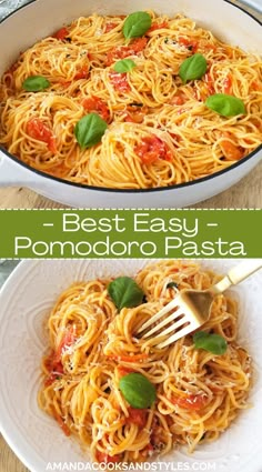 two pictures of pasta with basil and tomato sauce in a white bowl on a wooden table