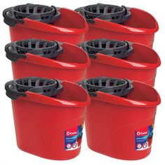 six red plastic buckets with lids and black handles are stacked together in a row