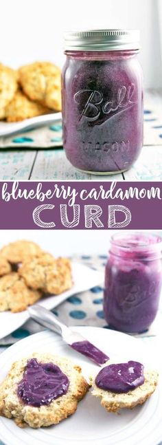 blueberry cardamoon curd in a mason jar with cookies on the side