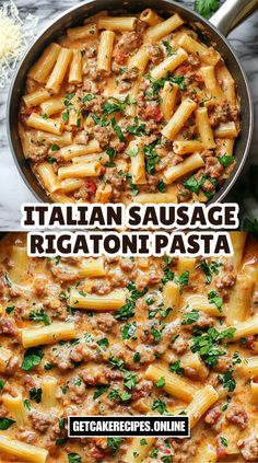 a pan filled with pasta and meat sauce