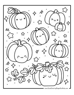 coloring sheet with a variety of kawaii pumpkin drawings to color, decorated with stars and flourishes Pumpkin Coloring Pages Free Printable, Halloween Ilustraciones, Autumn Coloring Pages For Kids, Autumn Coloring Pages, Halloween Activity Sheets, Fall Coloring Sheets, Pumpkin Coloring, Free Printable Coloring Sheets, Fall Coloring